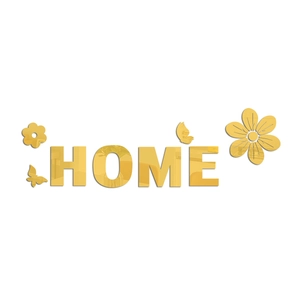 Détail de stickers muraux HOME en acrylique miroir doré avec papillons et fleurs 3D