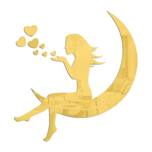 Detail of gold mirror acrylic wall sticker featuring a girl on moon and hearts decor
