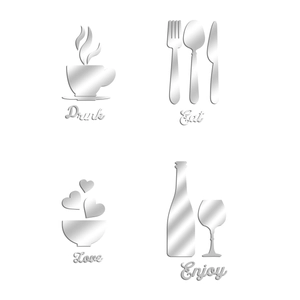 Adesivi murali specchio argento per cucina e ristorante Eat Love Enjoy set da 4 pezzi