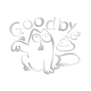 Detail of silver Simon's Cat style toilet sticker with goodbye lettering and cat motif