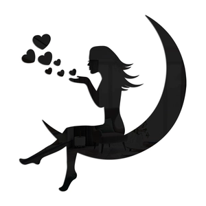 3D black acrylic mirror wall sticker featuring a girl sitting on the moon with hearts