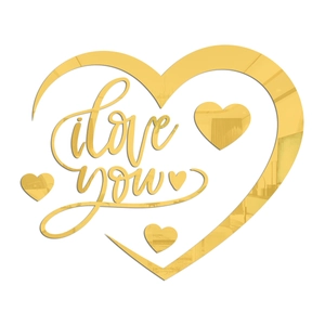 Close-up of golden mirror acrylic wall sticker with I Love You text and heart shapes