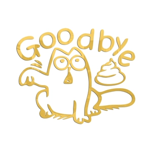 Close-up of golden acrylic mirror wall sticker with cartoon cat and Goodbye text decal