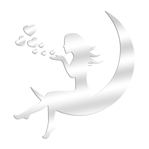 Detailed mirror silver acrylic moon girl wall sticker with hearts for room decor