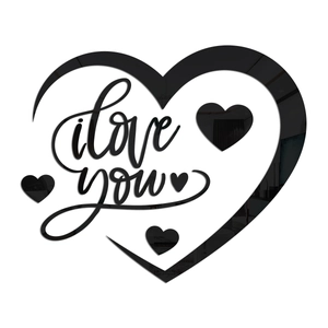 Detail of 3D black acrylic mirror wall sticker featuring i love you heart design