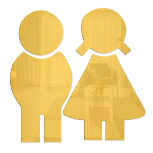 Détail de stickers muraux miroir en acrylique doré avec signes de toilettes homme femme