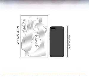 Mirror acrylic toilet door sign showing 20cm height compared to a smartphone