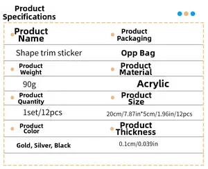 Detailed specifications chart for 12pcs acrylic mirror wall stickers showing sizes and colors