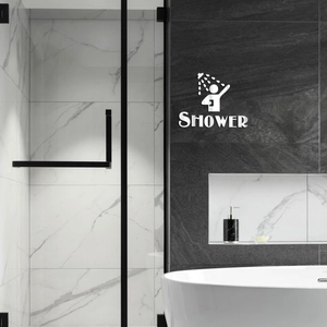 Detail of 3D acrylic mirror SHOWER sign with waterproof icon on white marble wall