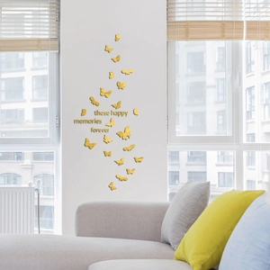 3D golden mirror acrylic butterfly wall stickers with happy memories lettering on white wall