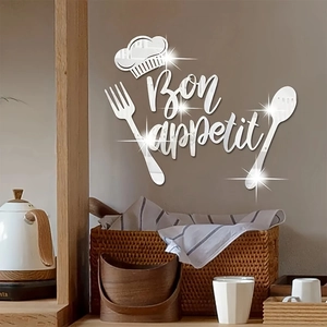 3D Acryl Spiegel Wandtattoo mit Bon Appetit Spruch und Küchenutensilien-Symbolen