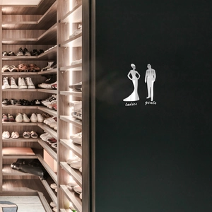 Acrylic mirror wall decals for bathroom with silver ladies and gents silhouette signs