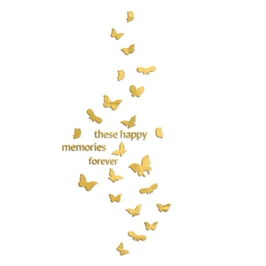 Detailed macro view of 3D gold mirror butterfly wall stickers and memory text