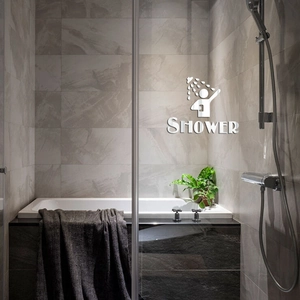 3D silver mirror acrylic wall sticker featuring shower figure icon and SHOWER text detail