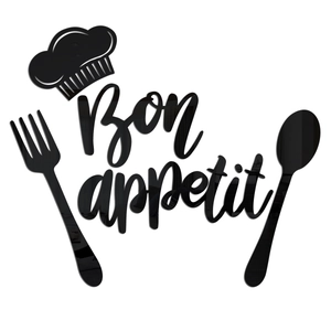 Schwarze Acryl 3D Küchendekoration mit Bon Appetit Schriftzug und Besteckmotiven
