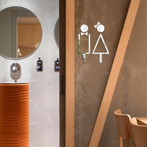 Creative 3D acrylic silver mirror restroom signs for wall decoration with modern male and female figures