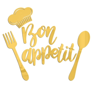 Detail von goldenem 3D-Acryl-Wandaufkleber mit Bon Appetit Schriftzug und Kochmütze
