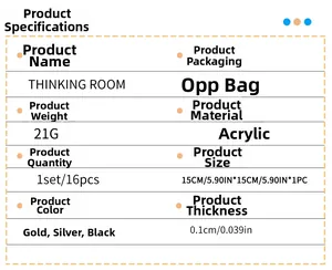 Detailed specifications for Thinking Room acrylic wall stickers available in gold and silver