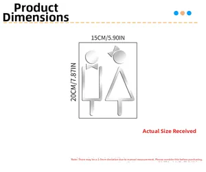 Detailed size chart for 15x20cm mirror acrylic bathroom wall signs showing dimensions