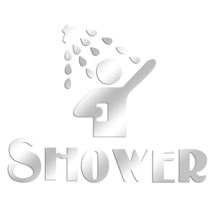 Close-up of 3D silver acrylic mirror wall sticker with shower icons and lettering