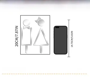 Silver mirror acrylic bathroom sign decals showing dimensions compared to a smartphone