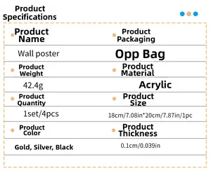 Detailed specifications for 3D acrylic wall stickers in gold, silver, and black colors