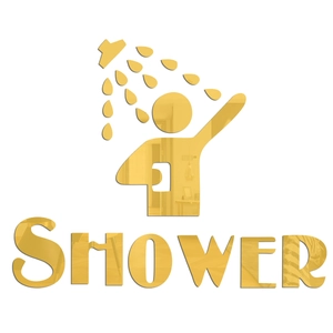 Detailed view of golden mirror acrylic 3D wall sticker with SHOWER icon for bathroom decor