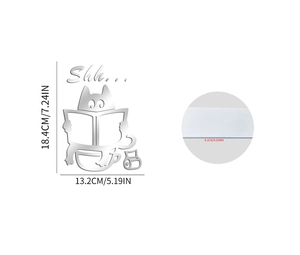 Detailed dimension layout of a silver acrylic cartoon cat mirror wall sticker 18x13cm