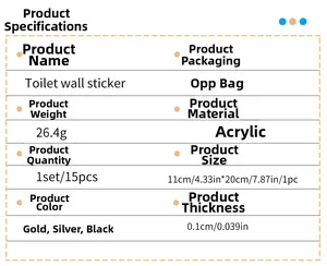Detailed specifications table for 1mm thick acrylic toilet wall stickers showing dimensions