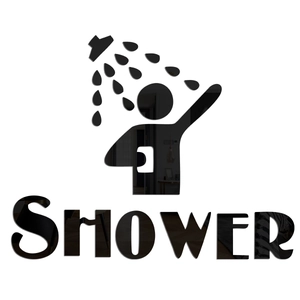 Black acrylic 3D mirror wall sticker with shower icon and bold SHOWER lettering