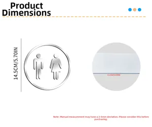 Detailed size chart showing 14.5cm diameter and 0.1cm thickness of acrylic bathroom sign
