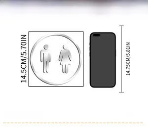 Detailed 14.5cm round silver restroom sign with male and female icons and phone size comparison