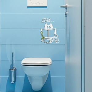 Acrylic Mirror Wall Sticker Cartoon Cat Reading Newspaper On Toilet 3D Shh... Waterproof Decorative Sticker For Bathroom