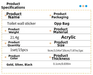 Specifications chart for 1mm thick acrylic toilet wall stickers in gold silver and black