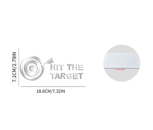 Detail view of silver acrylic wall sticker measuring 18.6x7.1cm with Hit The Target text