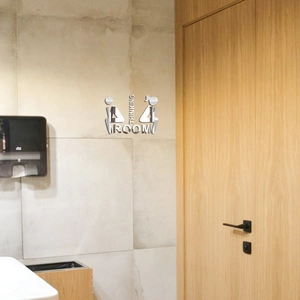 Modern silver mirror 3D acrylic wall decal featuring Thinking Room restroom signage