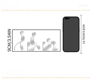 Size comparison of 9cm silver acrylic mirror toilet signs against a 14.75cm smartphone