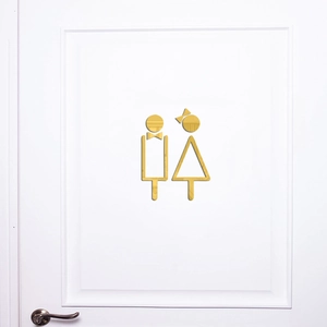 Golden acrylic mirror toilet wall stickers featuring elegant 3D male and female icons