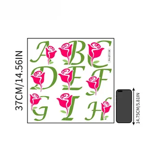 Stickers muraux alphabet fleuri avec guide de taille de 37cm à côté d'un téléphone