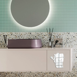 Detail of toilet paper roll mirror wall sticker with smiling face and saving text