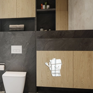 Detailed mirror view of creative acrylic toilet wall sticker featuring a saving character