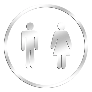 Detailed view of silver acrylic bathroom sign with male and female symbols on mirror surface