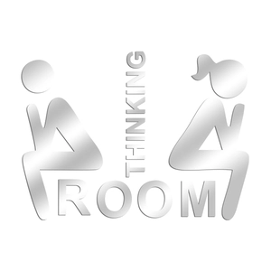 Macro detail of silver mirror acrylic 3D wall sticker with Thinking Room text sign