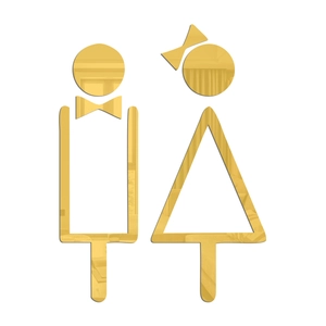 Macro detail of high-gloss gold acrylic mirror toilet sign with minimal geometric design