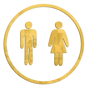 Polished gold mirror acrylic restroom sign with male and female icons and reflective finish