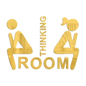 Macro detail of 3D gold mirror acrylic bathroom signage with Thinking Room letters