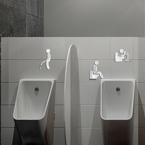 Three-piece silver mirrored acrylic wall stickers with restroom figures for modern bathroom decor