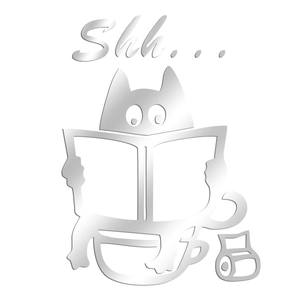 Macro detail of silver acrylic mirror wall sticker with a cute cat sitting on the toilet