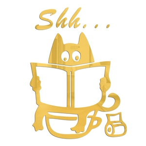Detail of a gold mirror acrylic funny cat reading a newspaper bathroom wall sticker