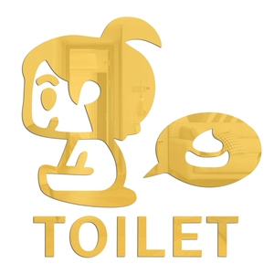 Detail of 3D gold mirror acrylic toilet wall sticker featuring a cute girl and TOILET text